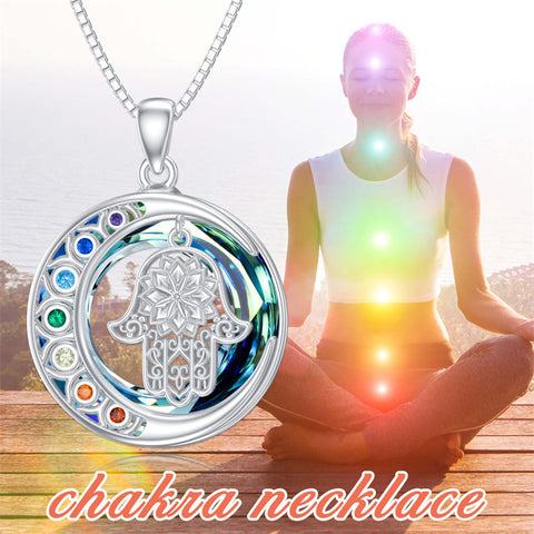 Sterling Silver Crystal Triple Moon Goddess Hamsa Hand Lotus Tree of Life Flower of Life Chakra Pendant Necklace