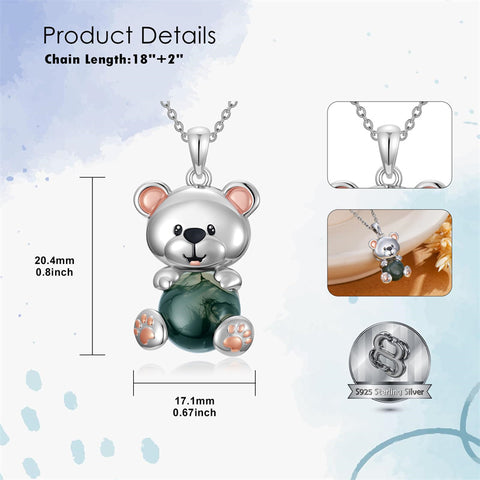 Sterling Silver Moss Agate Hippo Koala Elephant Teddy Bear Pendant Necklace