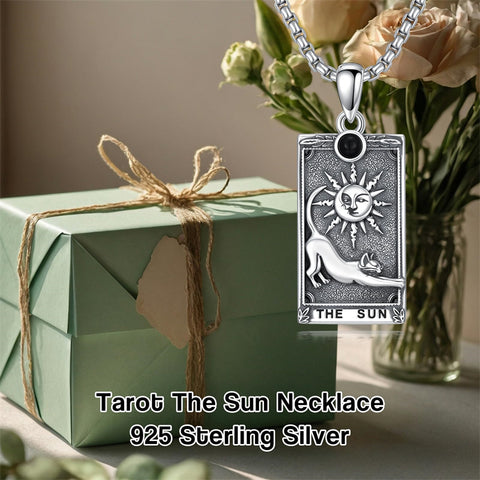 Sterling Silver Obsidian Lover Justice Cat Sun Moon Tarot Card Pendant Necklace