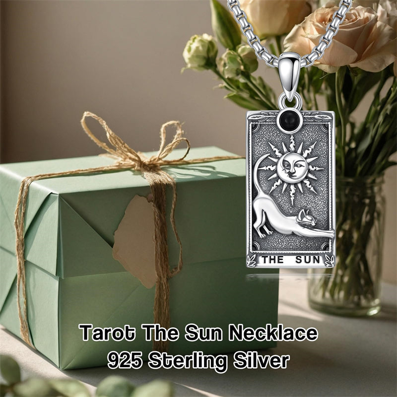 Sterling Silver Obsidian Lover Justice Cat Sun Moon Tarot Card Pendant Necklace