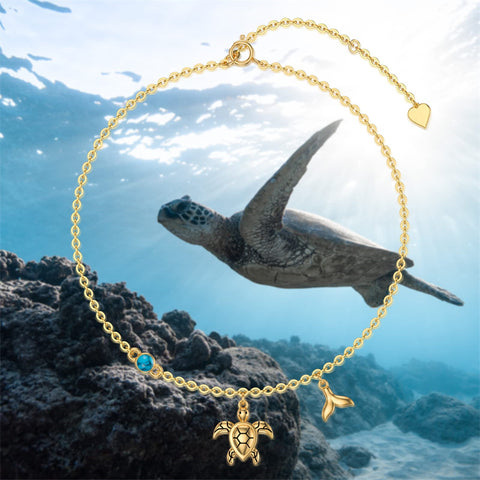 14K Gold Turtle Anklet for Women with Turquoise Anklet Bracelet Birthday Gift for Wife Girlfriend Mom Her 8+1+1 inch