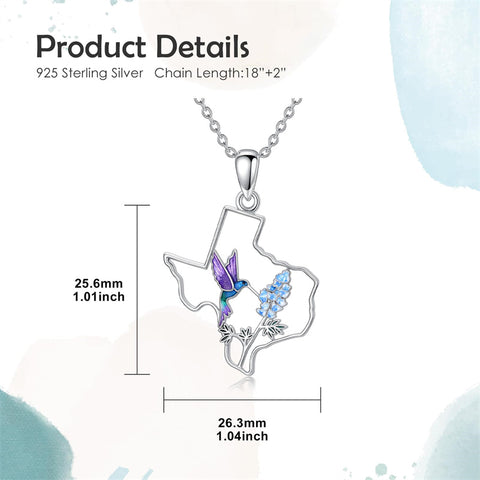 Sterling Silver Hummingbird Texas State Map Flag Pendant Necklace