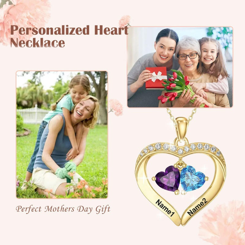 14K Gold Plated Personalized 1-5 Heart Birthstone Names Necklace  for Women