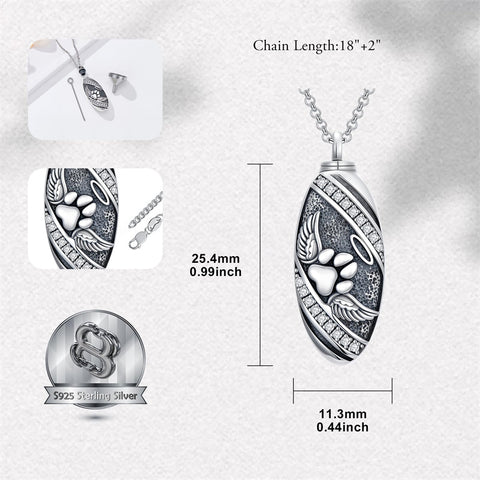 Sterling Silver Oval Paw Prints Dog FootPrints  Heart Rabbit Urn Necklace for Ashes Keepsake Jewelry for Women