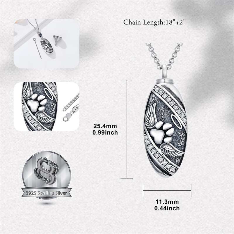 Sterling Silver Oval Paw Prints Dog FootPrints  Heart Rabbit Urn Necklace for Ashes Keepsake Jewelry for Women