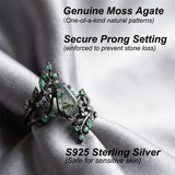 Sterling Silver 10K 14K  18K Gold Personalized Engraved Moss Agate Gothic Promise Wedding Engagement Black Ring Set