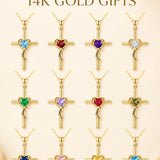 14K Gold Plated Dainty Heart Birthstone Pendant Cross Necklace for Women Religious Gift