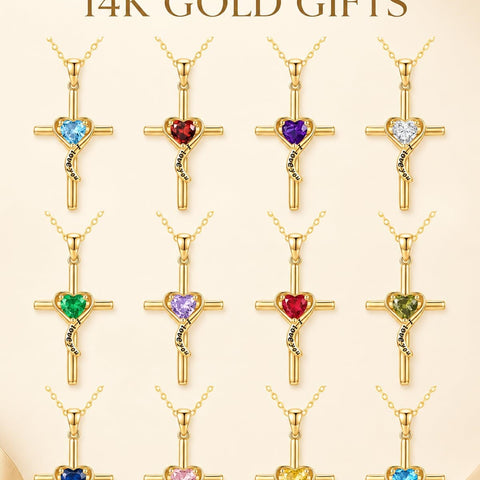 14K Gold Plated Dainty Heart Birthstone Pendant Cross Necklace for Women Religious Gift