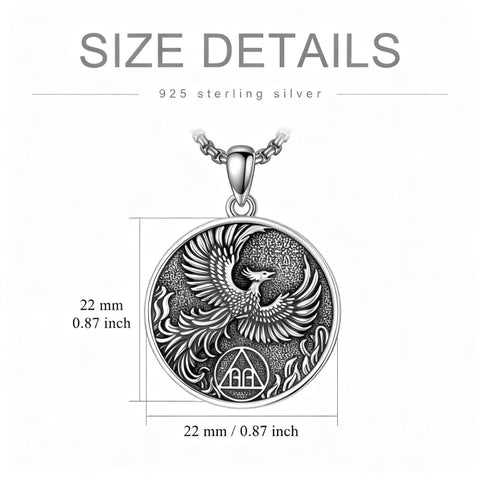 Sterling Silver Phoenix Rising Pendant Necklace NA/AA Sobriety Jewelry