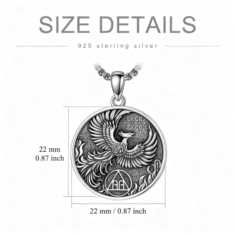 Sterling Silver Phoenix Rising Pendant Necklace NA/AA Sobriety Jewelry