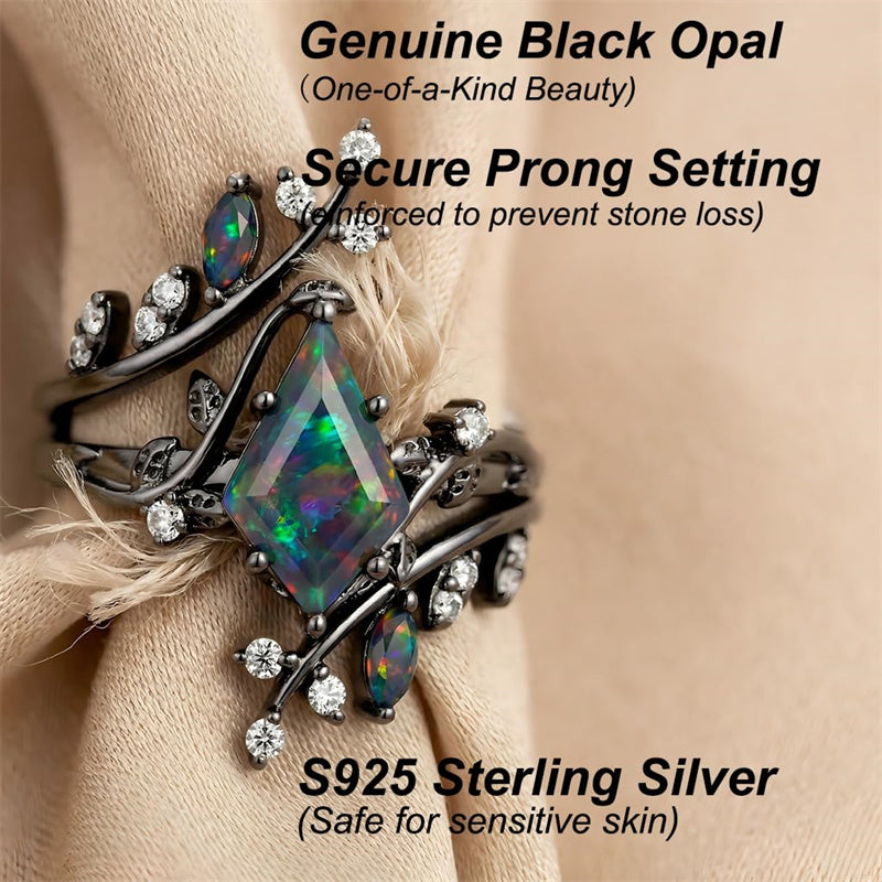 Sterling Silver 10K  14K  18K  Gold Personalized Engraved Black Opal Engagement Wedding Promise Ring for Her