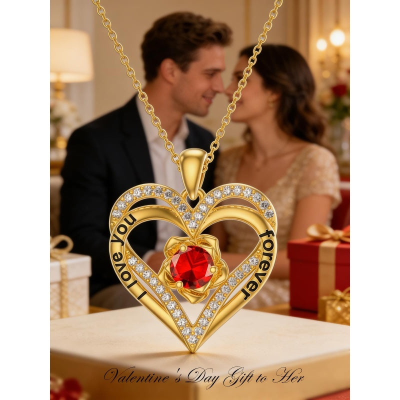 14K Gold Plated  Birthstone Rose Flower Pendant Necklace Birthday Wedding Anniversary Jewelry Gifts for Women