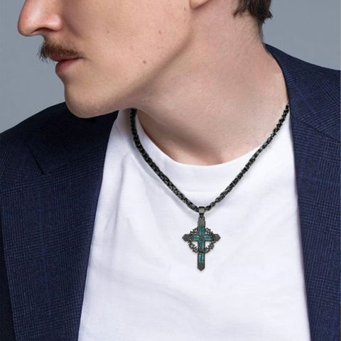 14K Gold Plated Turquoise Wolf Thor's Hammer Ankh Dragon Lion Compass Crucifix Pendant Necklace for Men