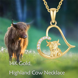 14K Gold Highland Cow Necklace for Women Solid Gold Heart Pendant Necklace Anniversary Birthday Gifts for Her