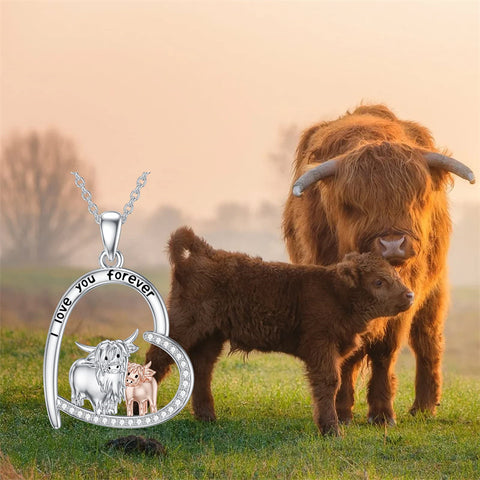 Highland Cow Necklace 925 Sterling Silver Scotland Cow Heart Pendant Cow Jewelry Gifts for Women Girls Daughter