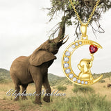 14K Gold Garnet Moissanite Elephant Moon Pendant Necklace