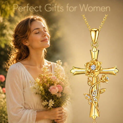 14K Gold Plated Cross Pendant Necklace Faith Jewelry Gift for Women