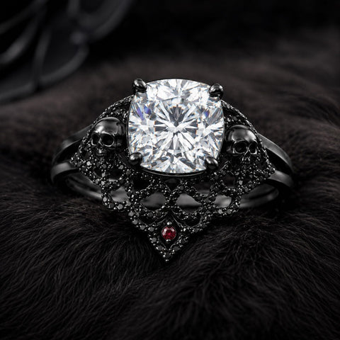 Sterling Silver 10K 14K 18K Gold Moissanite Gothic Black  Engagement Wedding Ring  for Women Halloween Gift
