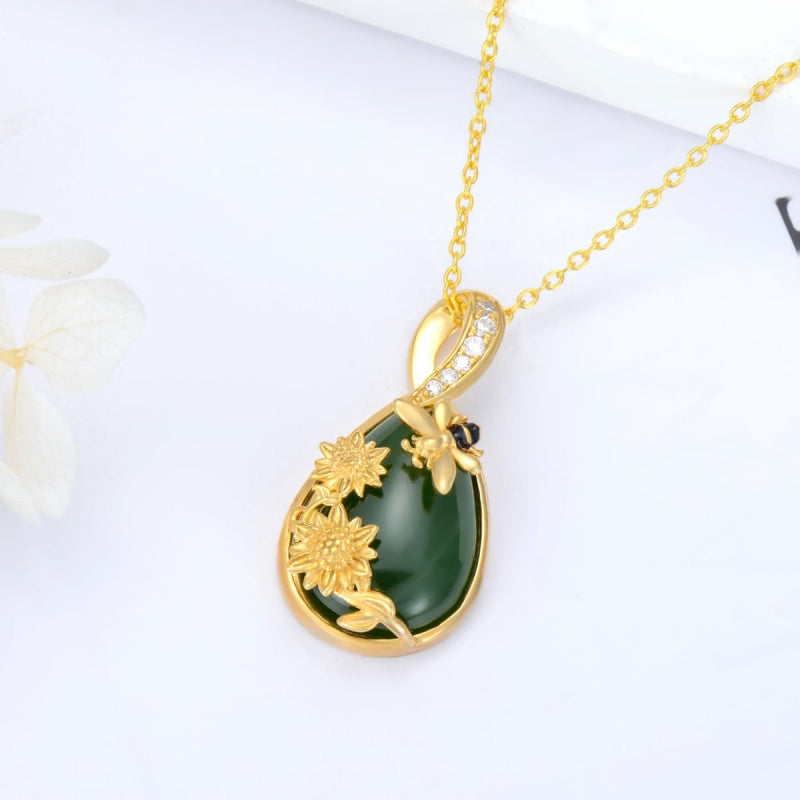 14K Gold Plated Natural Jade Hummingbird Cat Dragonfly Butterfly Bee Pendant Necklace for Women