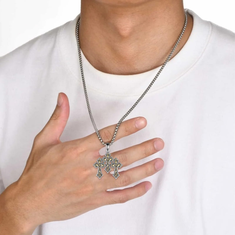 14K Gold Plated Turquoise Malachite Abalone Shell Cross Pendant Necklace for Men