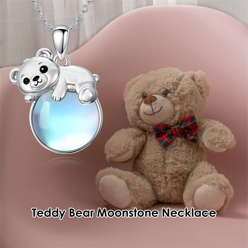 Sterling Silver Moonstone Fox Dolphin Axolotl Teddy Bear Hippo Raccoon Pendant Necklace for Women