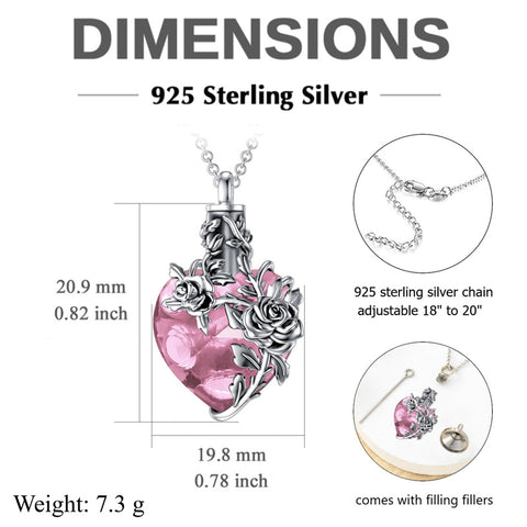 Sterling Silver Heart Crystal Rose Urn Necklaces for Ashes for Women