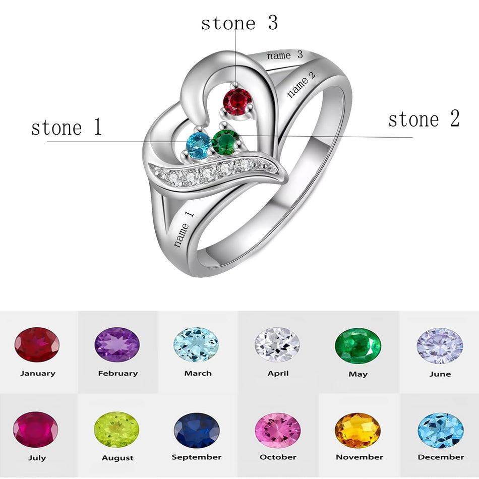 10K 14K 18K Gold Personalized 1-6 Stones Engraved Heart Mother Ring for Mother's Day