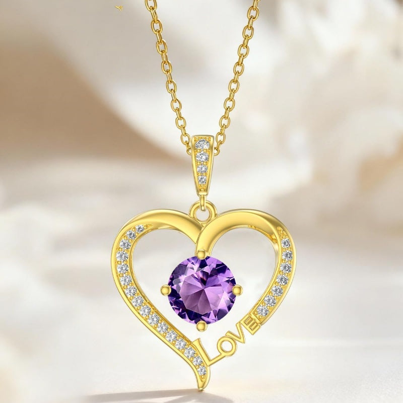 14K Gold Plated  12 Months Heart Birthstone Pendant Necklace Birthday Wedding Anniversary Jewelry Gifts for Women