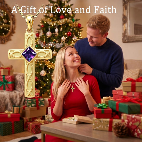 14K Gold Plated Birthstone Cross Pendant Necklace for Women  Anniversary Christmas Birthday Gift