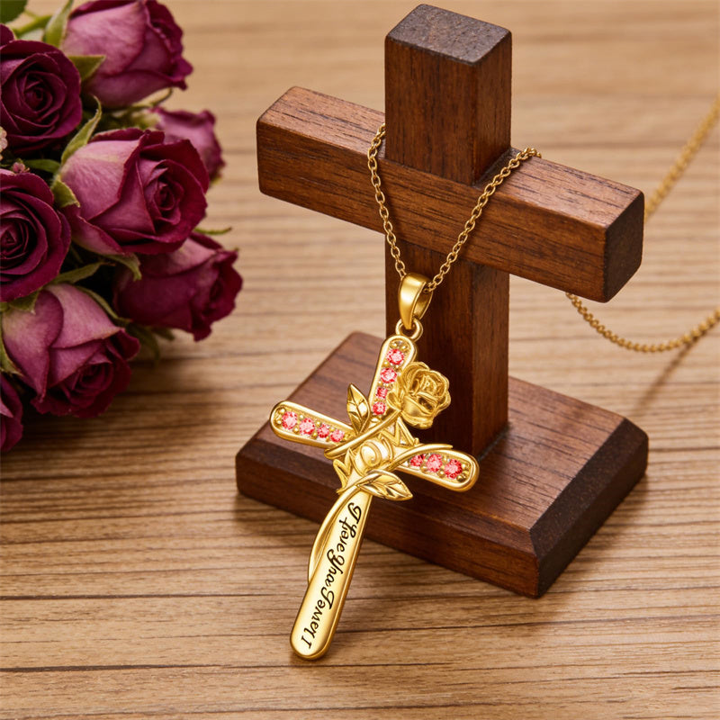 10K 14K 18K Yellow Gold 12 Month Birthstone Rose Flower Pendant Necklace Engraved with I Love You Forever