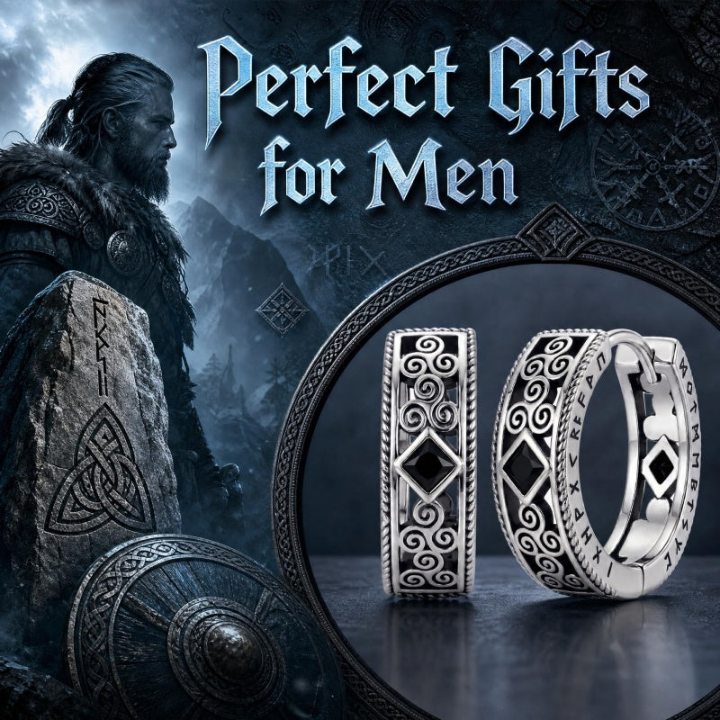 14K Gold Plated  Cubic Zircon Norse Viking Runes Hoop Earrings Viking Jewelry Gift for Men