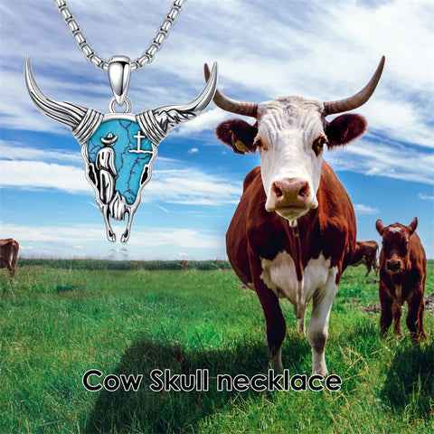 Sterling Silver Turquoise Cow Skull Pendant Necklace