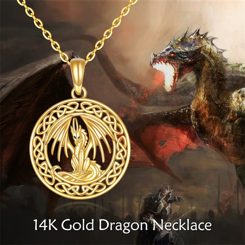 14K Gold Dragon Necklace Christmas Gifts Irish Celtic Knot Dragon Pendant Necklace Jewelry for Women Girls
