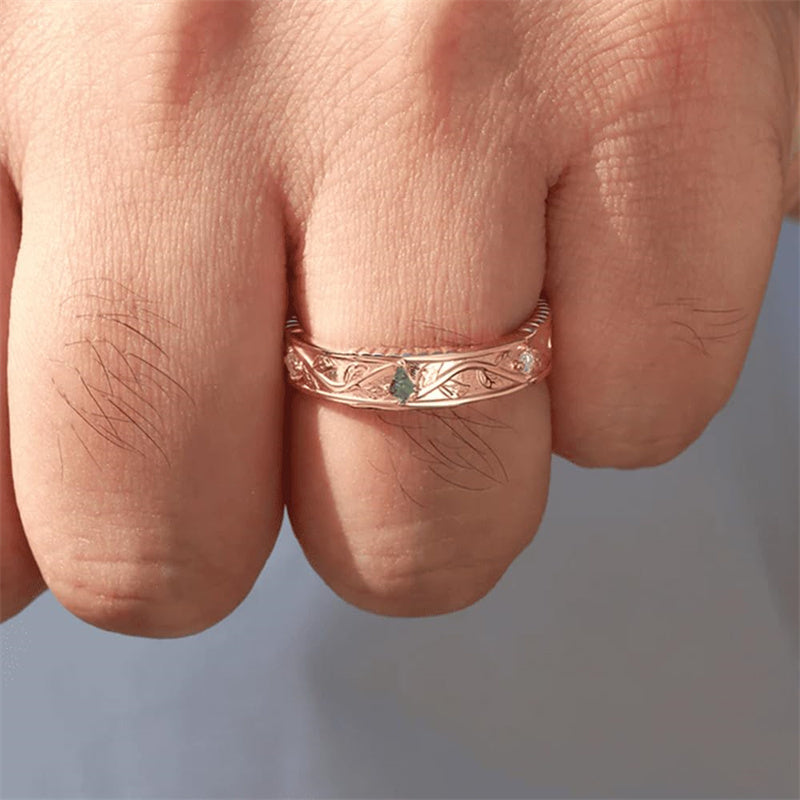 Sterling Silver10K 14K 18K Gold Natural Moss Agate Branch Leafy Engagement Ring Set For Couples