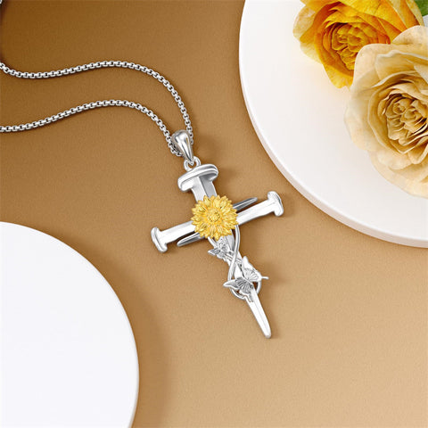 Sterling Silver Lion Semicolon Rose Sunflower Cross Pendant Religious Necklace
