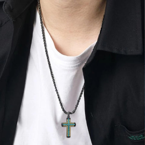 14K Gold Plated Turquoise Malachite Abalone Shell Cross Pendant Necklace for Men