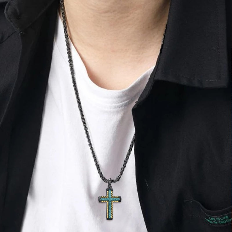 14K Gold Plated Turquoise Malachite Abalone Shell Cross Pendant Necklace for Men