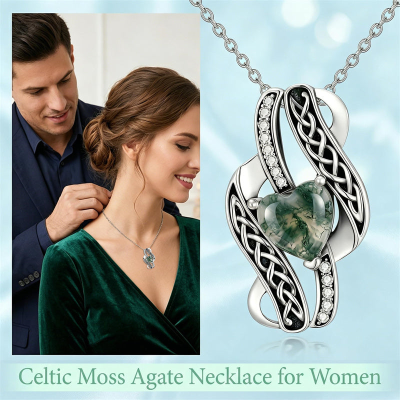 Sterling Silver Moss Agate Celtic Knot Rose Claddagh Filigree Pendant Necklace