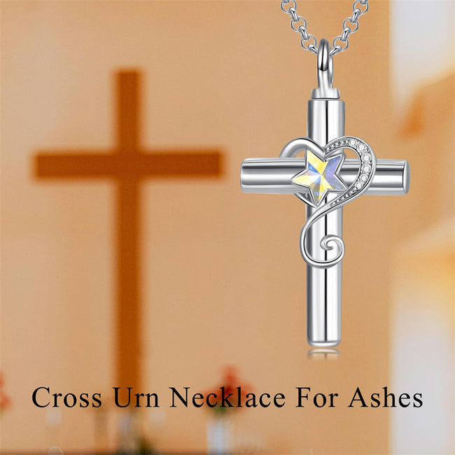 Cross Crystal Urn Necklace Crystal Heart Necklace for Ashes 925 Sterling Silver Cremation Jewelry Keepsake Memorial Gifts for Women Men