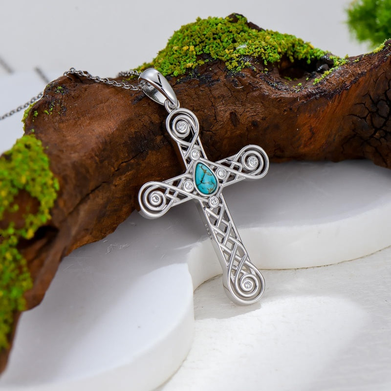 14K Gold Plated Turquoise Cross Pendant Necklace Western Jewelry for Women