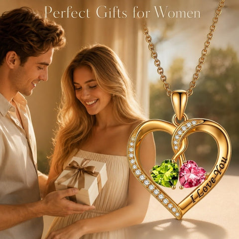 14K Gold Plated Double Heart Birthstone Rose Pendant Necklace for Women