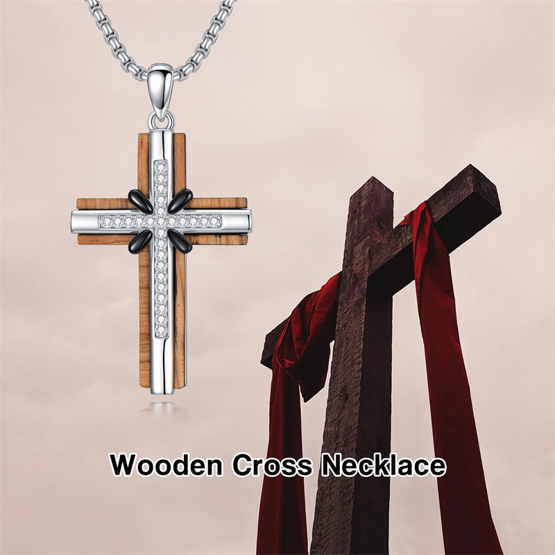 Sterling Silver Wooden Cross Pendant Necklace