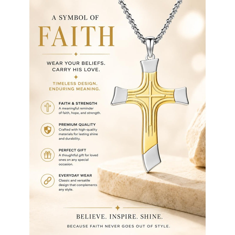 14K Gold Plated Two Tone Cross Pendant Necklace Christian Jewelry Religious Gift