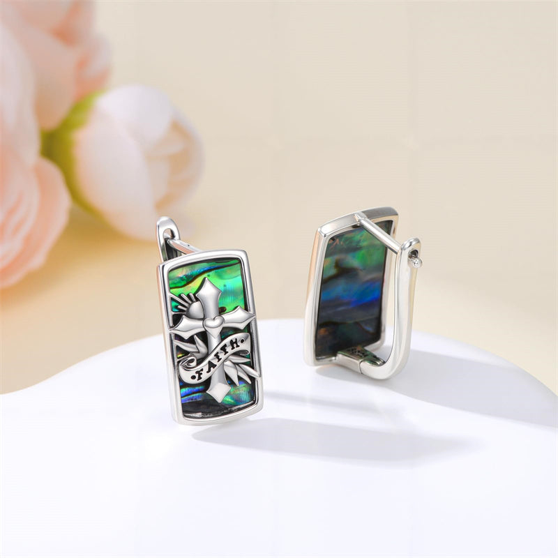Sterling Silver Abalone Shell Cross Faith Hourglass Skull Leverback Earrings for Women
