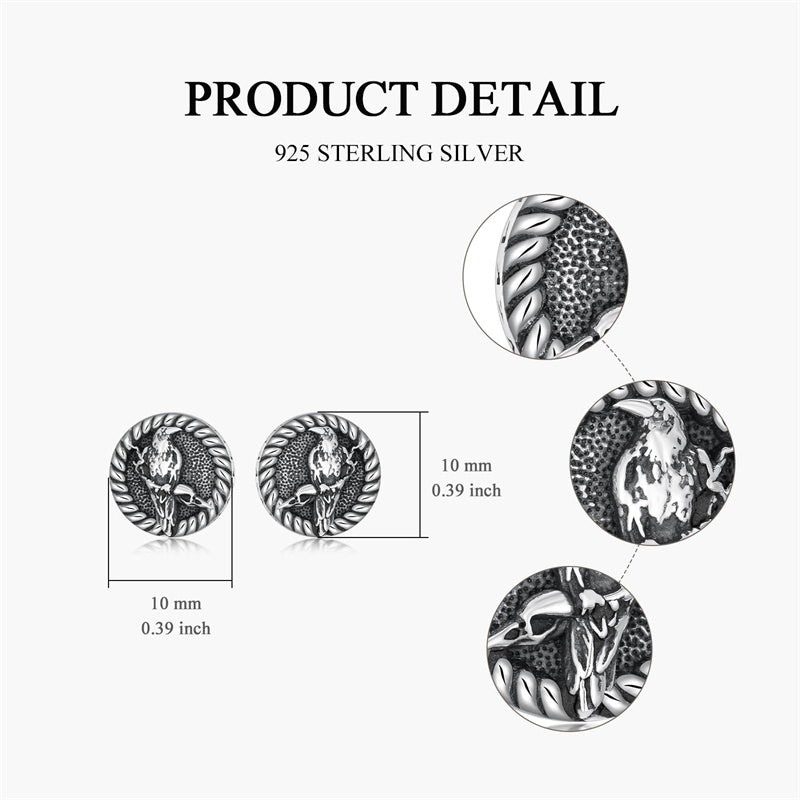 Sterling Silver Viking Raven Crow Skull Stud Earrings