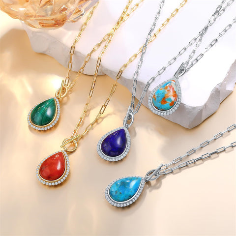 Sterling SilverTurquoise Red Coral Lapis Lazuli Malachite Paperclip Chain Necklace