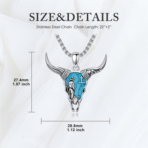 Sterling Silver Turquoise Cow Skull Pendant Necklace
