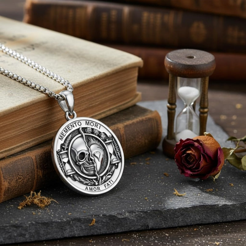 Sterling Silver Memento Mori Gothic Skull Amulet Pendant Necklace for Men