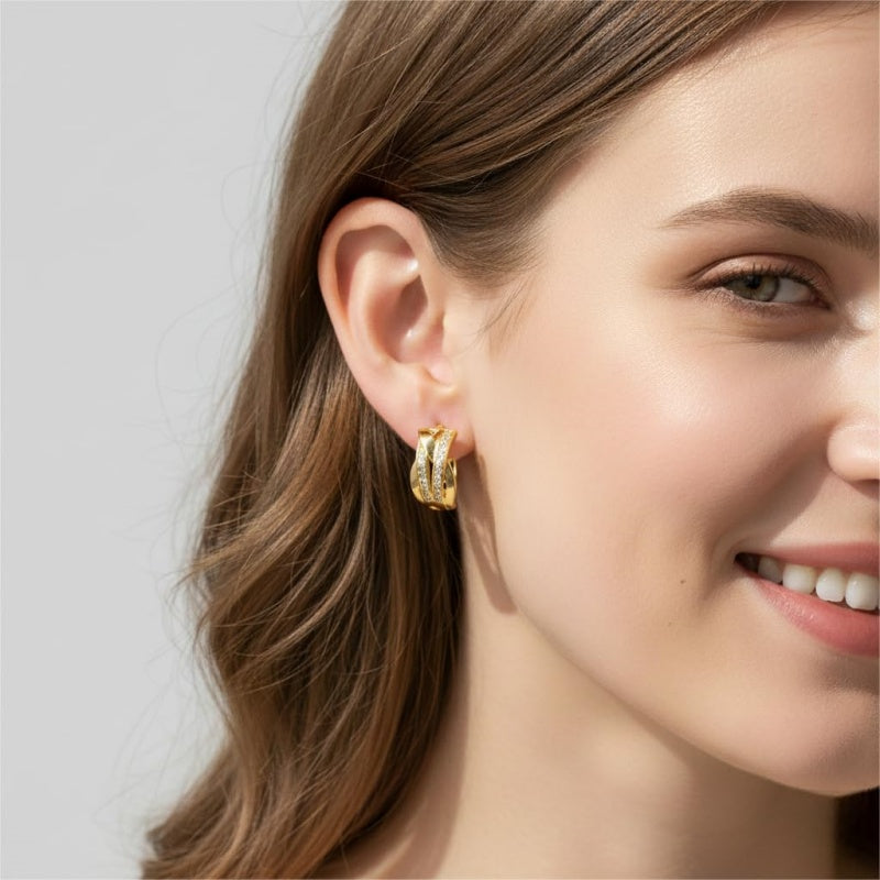 14K Gold Plated Cubic Zirconia X-shaped Thick Small Hoop Earring