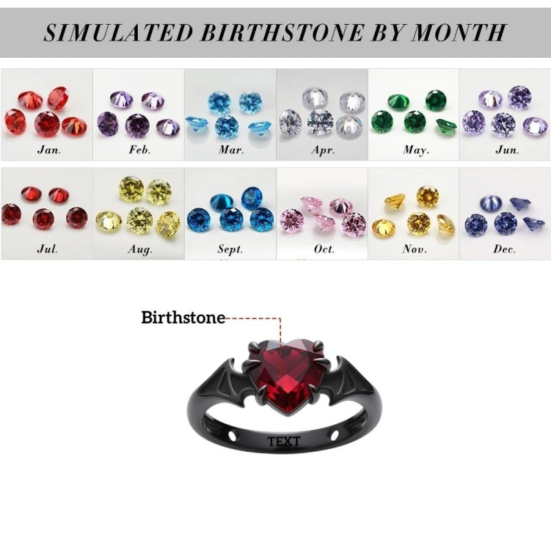 Sterling Silver Personalized Birthstone Punk Skull Bat Snake Ring Goth Jewelry for Halloween Birthday